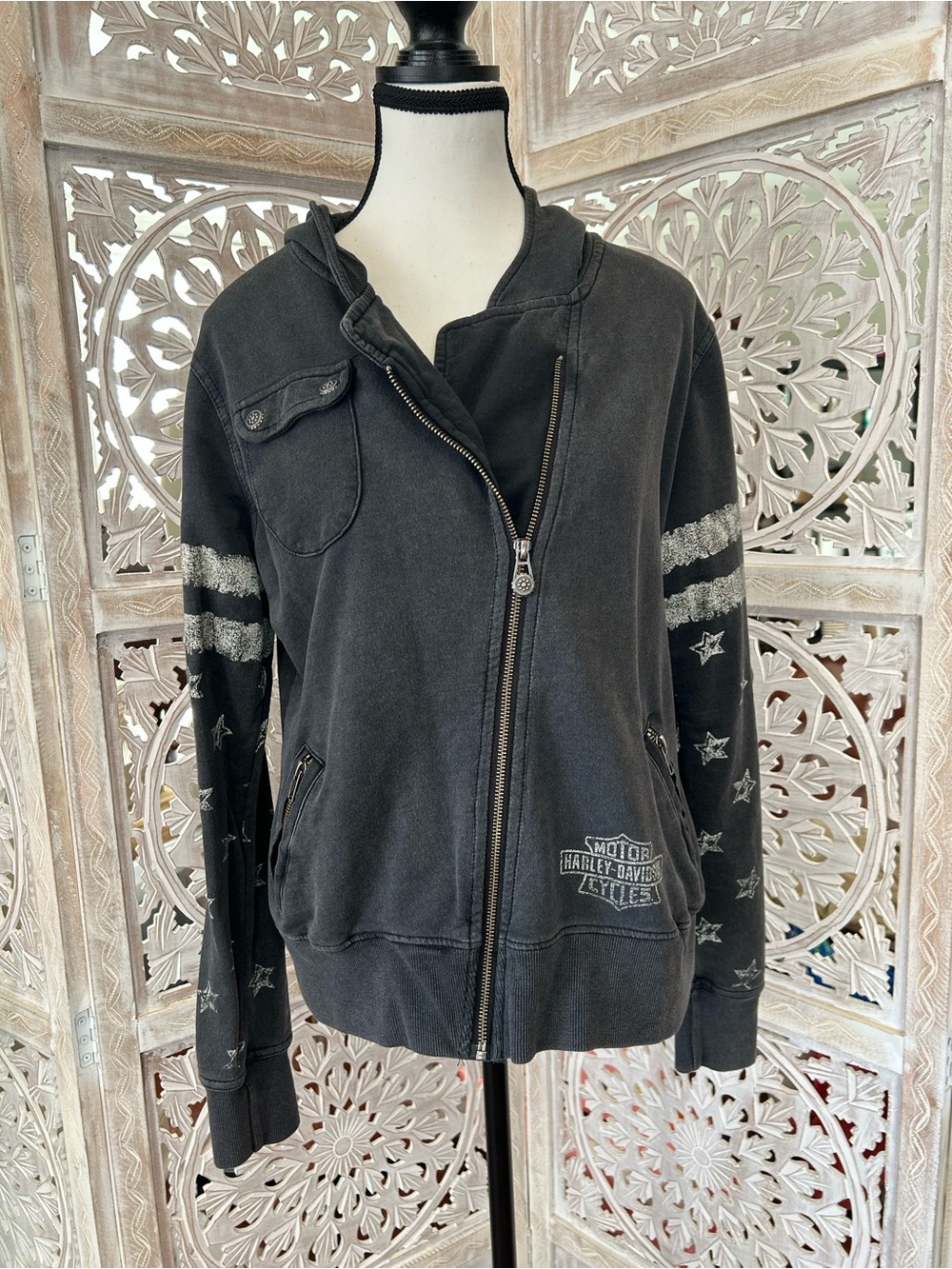 Harley Davidson Womens XL Black Star Full Zip Hoodie Motorcycle Biker Y2K